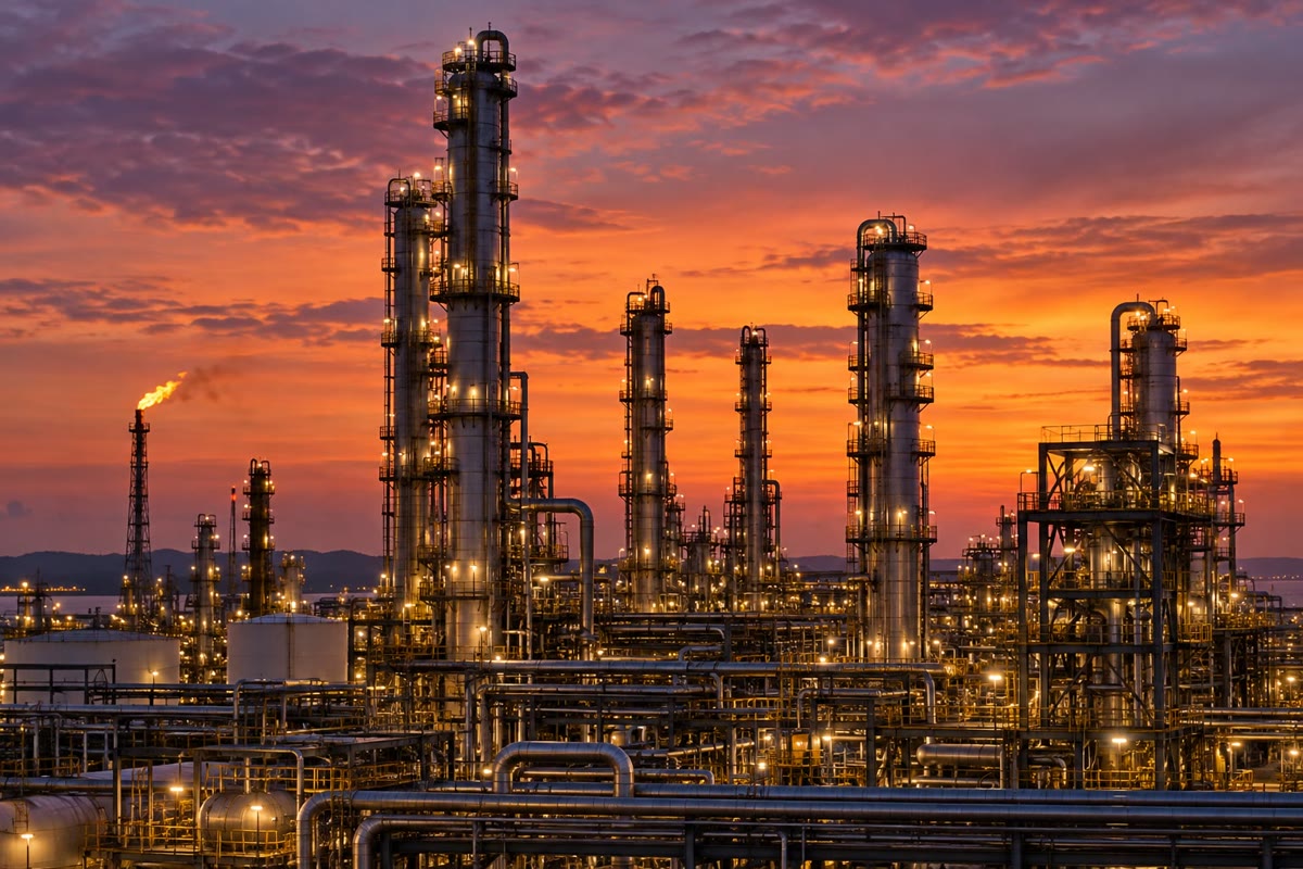 Colunas de destilação de uma refinaria ao entardecer.