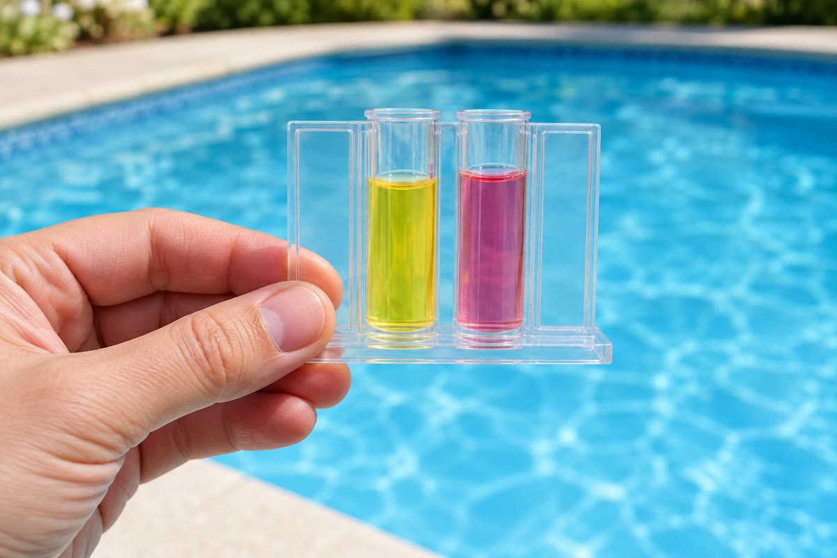 Testing swimming-pool water: the colours of indicators give the pH.