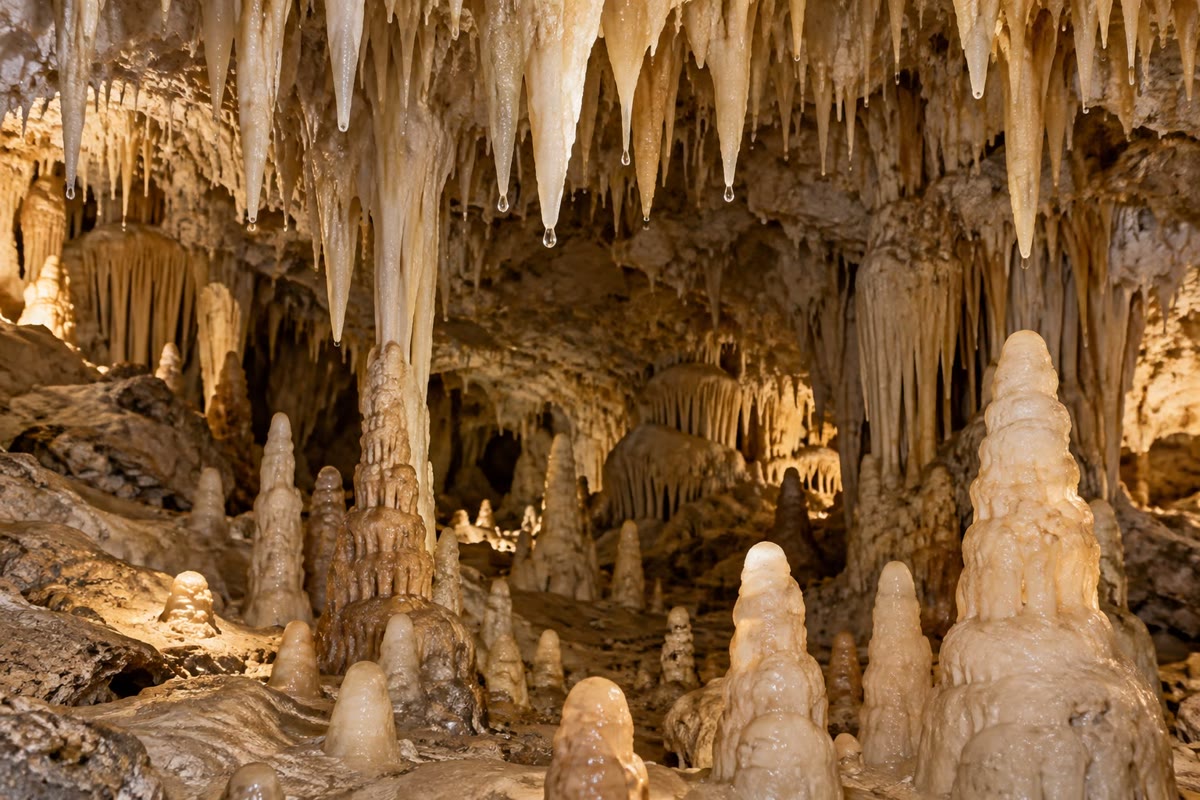 Las estalactitas crecen donde el agua que gotea en una cueva cede dióxido de carbono al aire: se desplaza un equilibrio de la caliza disuelta y se deposita carbonato de calcio.