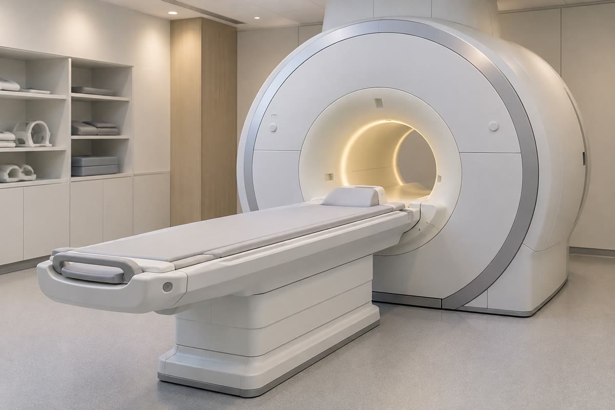 Um aparelho de ressonância magnética: a mesma física do espectrômetro de RMN do químico.