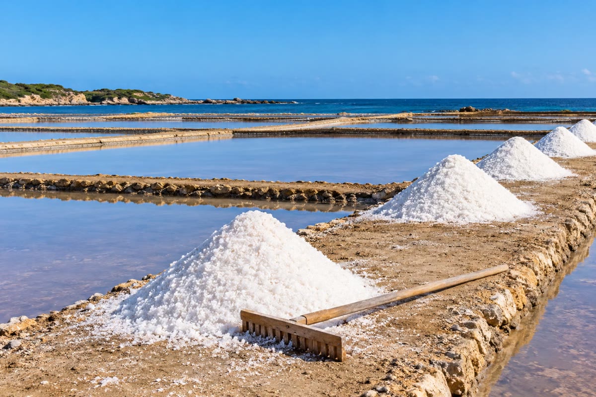 Salinas à beira-mar: o sol seca a água, e o sal fica em montes brancos.