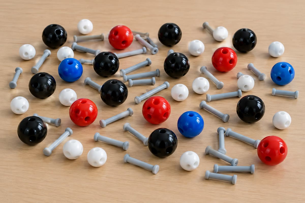 Um kit de modelos moleculares: bolas para os átomos, com furos para as varetas que representam as ligações.