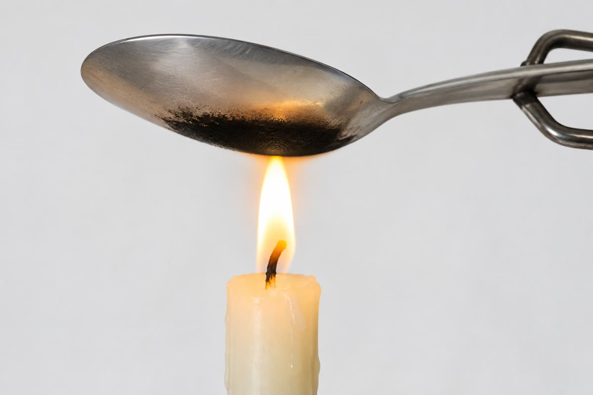 Uma colher fria segurada na chama amarela de uma vela fica preta de fuligem: a combustão é incompleta.