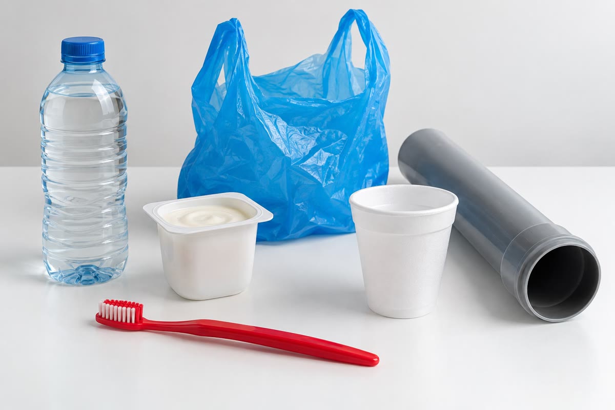 Everyday plastic objects: a bottle, a pot, a bag, a pipe, a cup, a toothbrush.