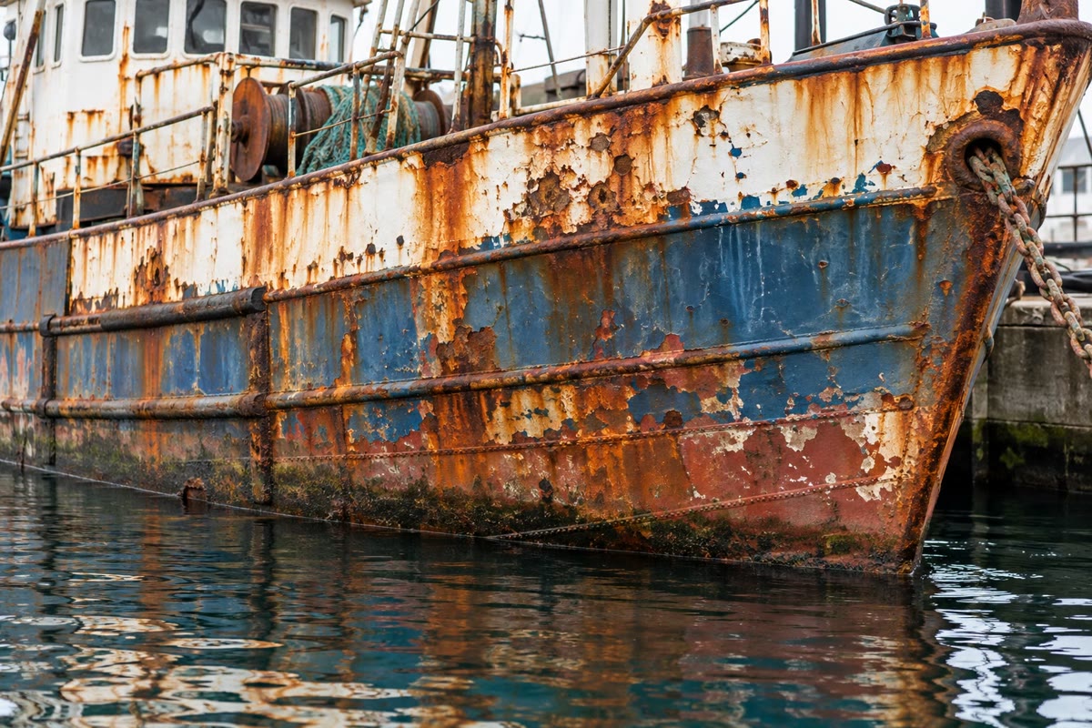 The hull of an old boat: the steel is rusting.