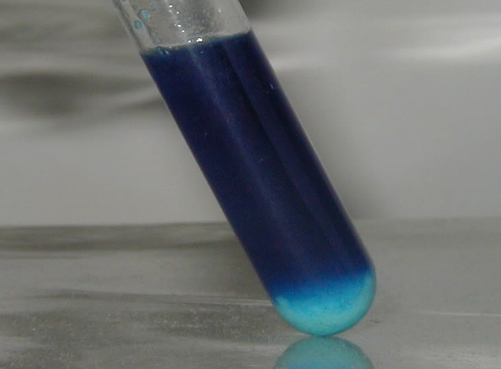 Links: een suspensie van lichtblauw koper(II)hydroxide (foto Alvy16, CC BY 4.0). Rechts: met meer ammoniak lost de vaste stof op tot het diepblauwe tetraamminekoper(II)ion; onderin de buis ligt nog wat onopgelost hydroxide (foto Chemicalinterest, publiek domein). Beide Wikimedia Commons.