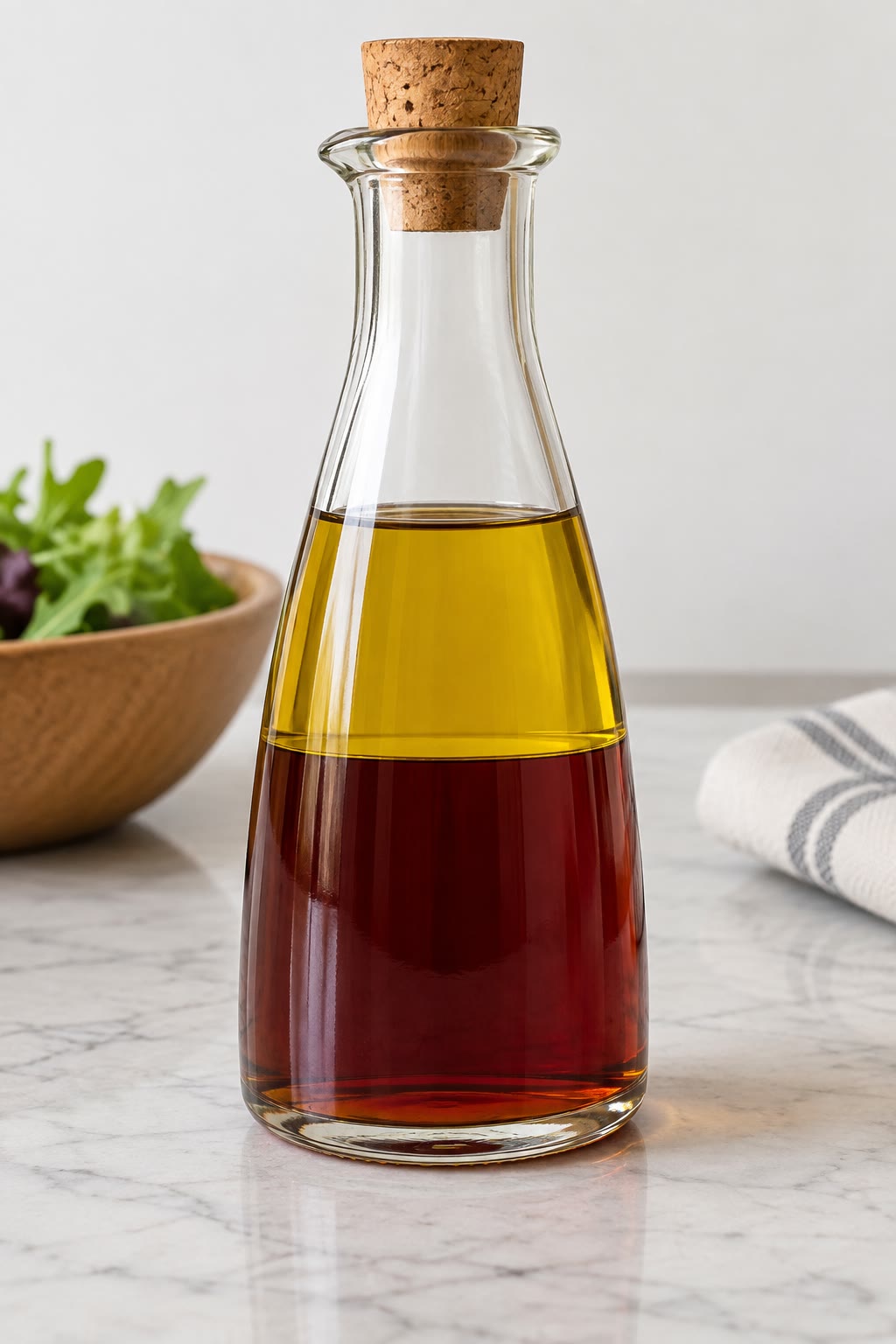Um molho de salada em repouso: o azeite, apolar, flutua sobre o vinagre, uma solução aquosa; os dois líquidos são imiscíveis.