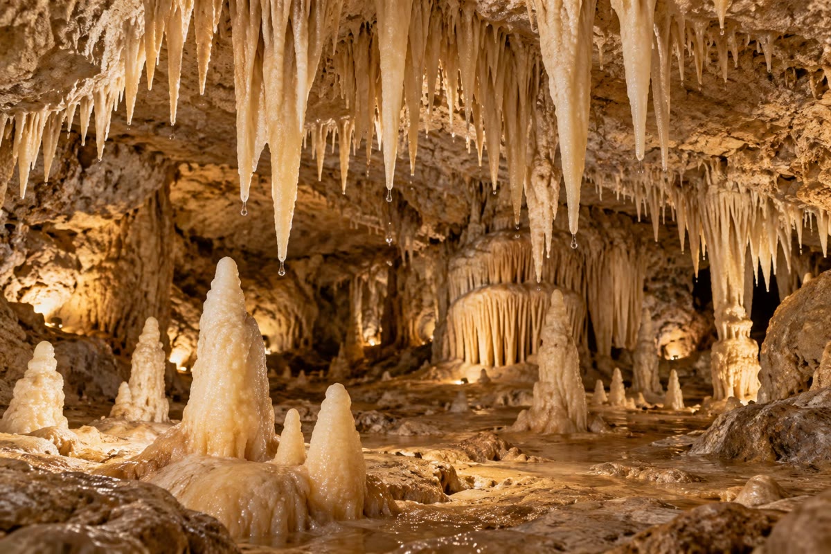 Estalactites e estalagmites em uma caverna calcária. A água rica em dióxido de carbono dissolve o carbonato de cálcio no solo acima; na caverna, ela perde parte de seu dióxido de carbono e o carbonato precipita de novo ().