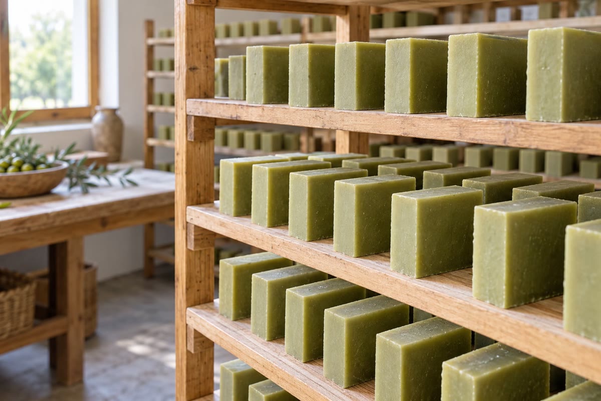 Bars of olive-oil soap drying on wooden racks. Soap is the sodium salt of the fatty acids released when the oil, an ester, is boiled with sodium hydroxide.
