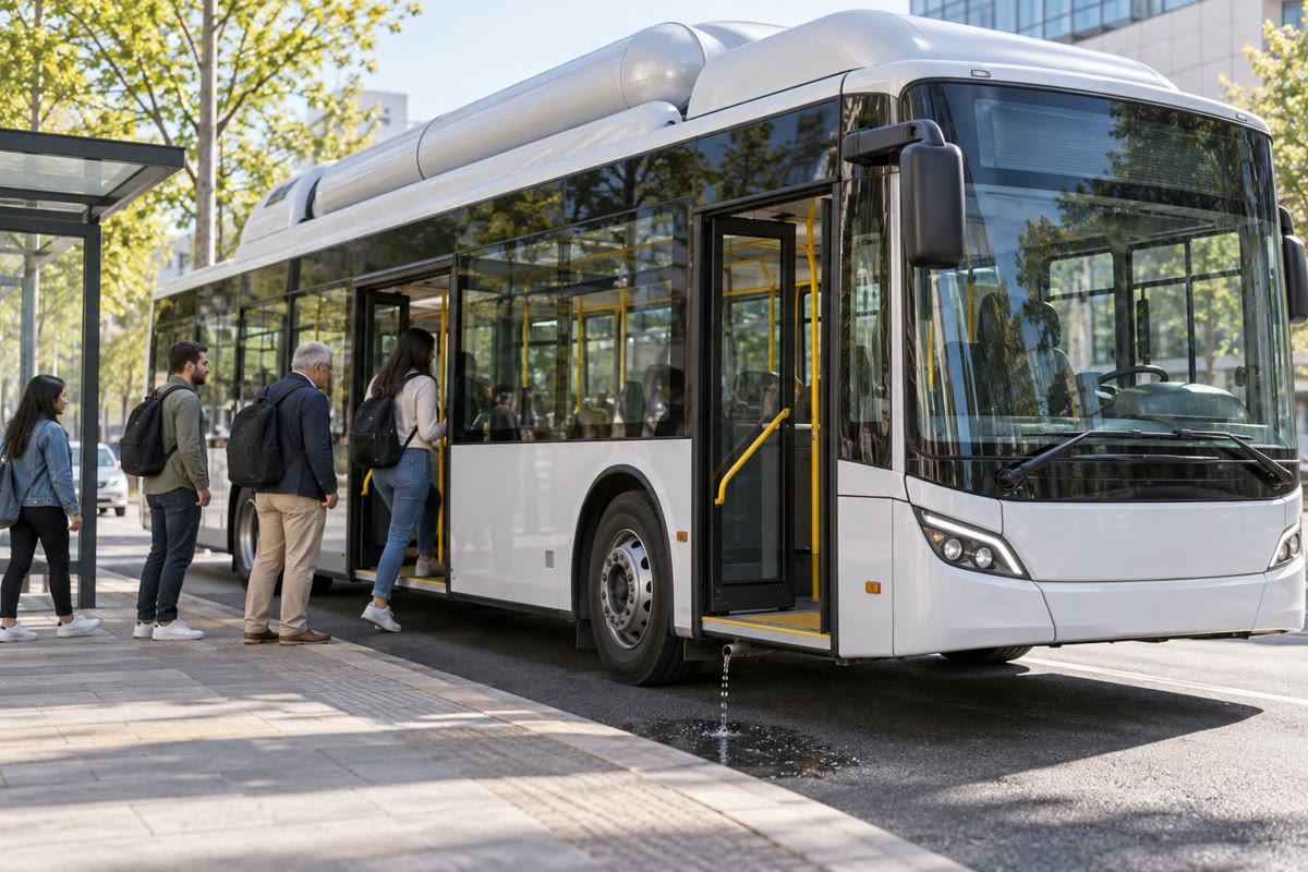 Um ônibus a hidrogênio em um ponto: os tanques de hidrogênio ficam sob a carenagem do teto, e o único escapamento é água, que pinga sob o ônibus.