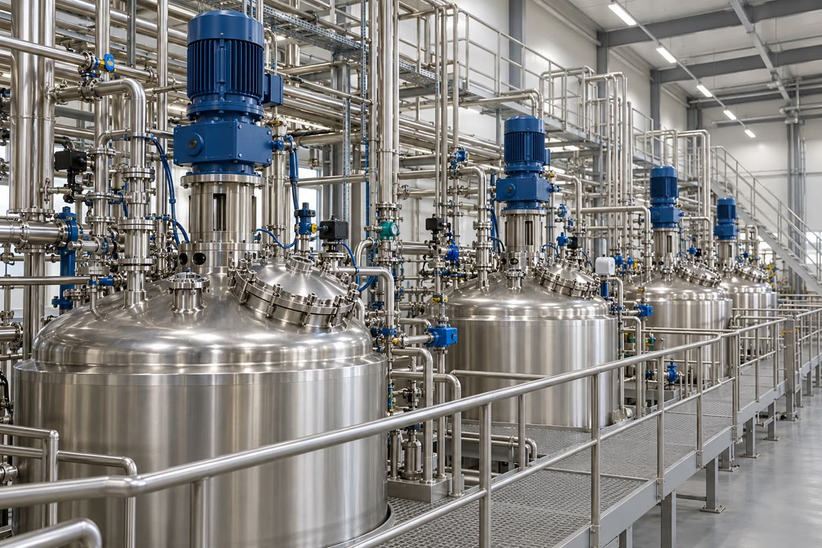 Geroerde tankreactoren in een chemische fabriek: elk vat draagt zijn motor en tandwielkast, en de roerderas gaat omlaag in het reactiemengsel; de leidingen brengen de voedingen aan en voeren het product en het koelwater af.