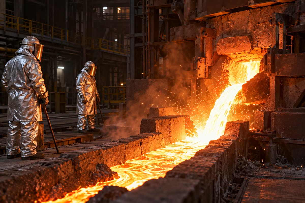 Tapping a blast furnace: liquid iron runs along a refractory channel, watched by workers in heat-reflecting suits. The temperature and the gas inside the furnace are those that let carbon monoxide take the oxygen away from iron oxide.