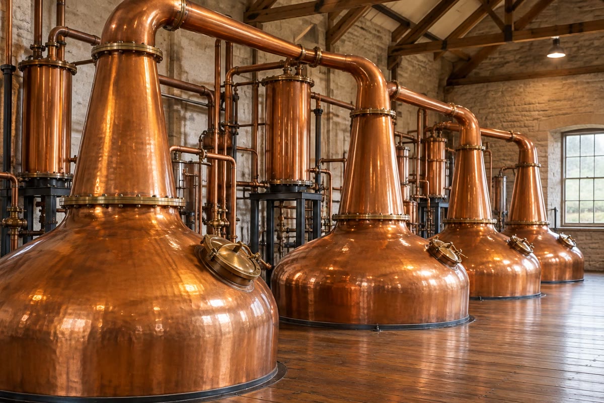 Copper pot stills in a distillery. Each charge of fermented wash is boiled and its vapour condensed: the first distillate is several times richer in ethanol than the wash, and a second distillation concentrates it further.