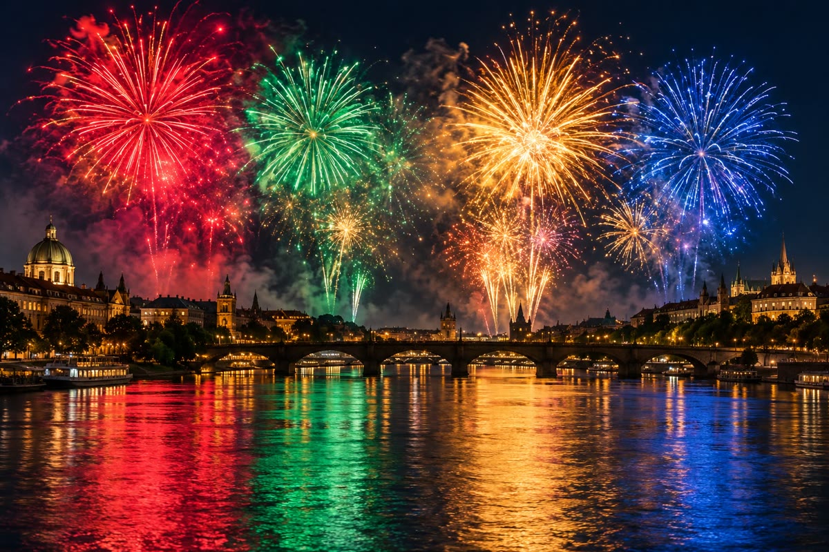 Fireworks over a river (illustration). The yellow of sodium is the light of its atoms; the deep reds and greens come largely from small molecules of strontium and barium formed in the flame.