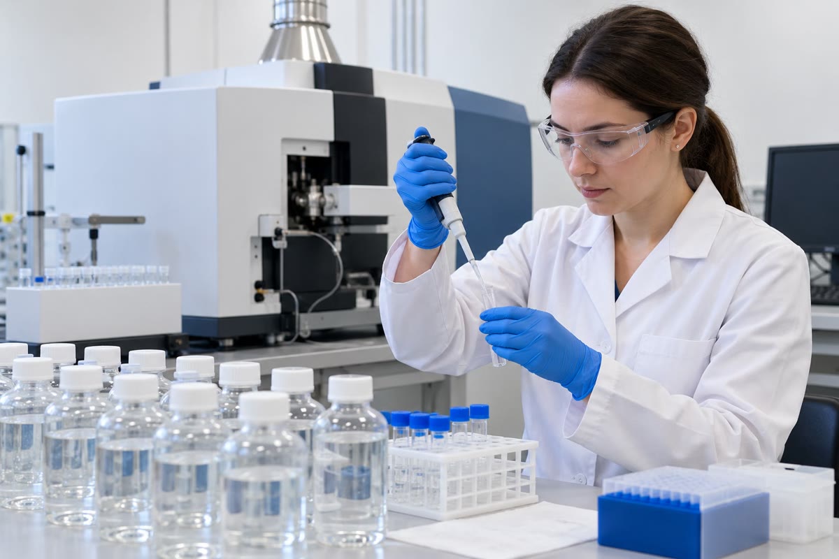 Um laboratório de análise de água: frascos de amostra, um técnico pipetando, um analisador elementar ao fundo (ilustração).