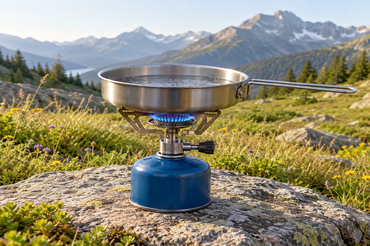 Een kampeerbrander: butaan uit het patroon verbrandt in de lucht onder de pan. De warmte die per mol butaan vrijkomt, het deel dat het water bereikt en de temperatuur van de vlam worden berekend in het weekendprobleem van dit hoofdstuk.