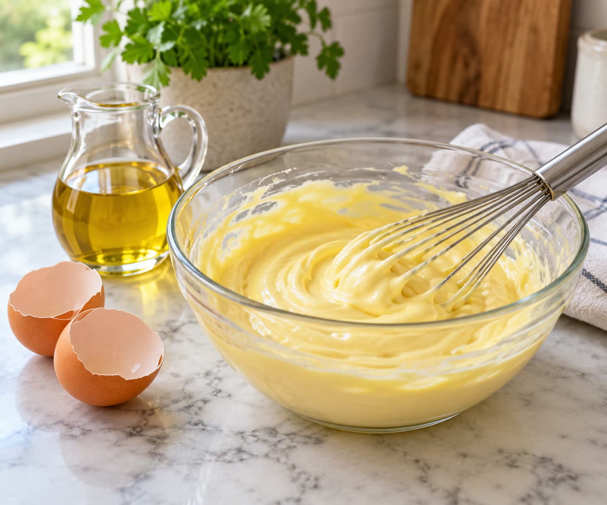Mayonesa batida: una emulsión de gotitas de aceite en agua, estabilizada por los tensioactivos de la yema de huevo.