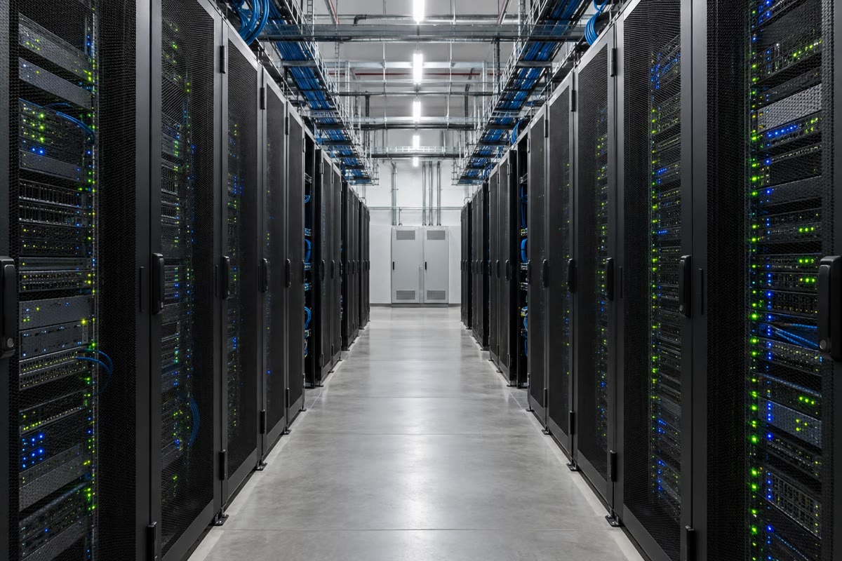 Een rekencluster: rijen servers waarop de meeste kwantumchemische berekeningen tegenwoordig draaien, vaak uren of dagen per molecuul.