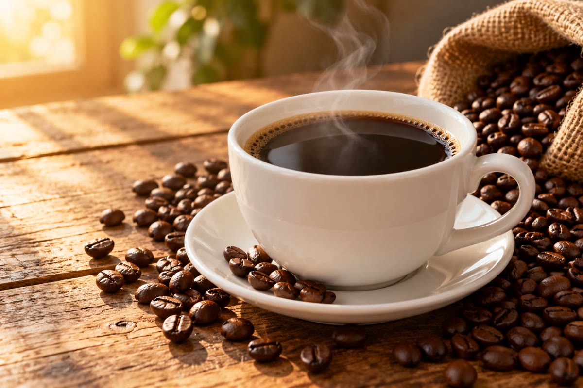Una taza de café y granos tostados: la cafeína, una purina, y muchas de las moléculas aromáticas formadas durante el tostado son heterociclos.