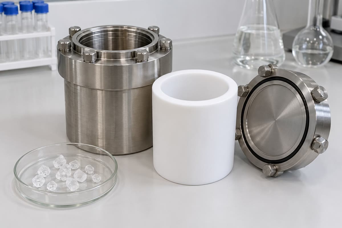 Uma autoclave de laboratório para síntese hidrotérmica: um corpo de aço com uma tampa aparafusada, um revestimento interno de polímero branco que contém a mistura reacional, e cristais crescidos nela.
