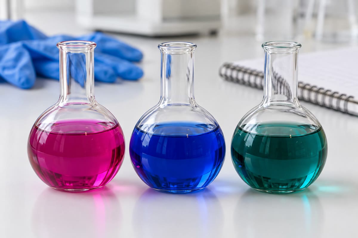Solutions de trois colorants cyanines d’une même famille. Chaque paire d’atomes de carbone ajoutée à la chaîne déplace l’absorption vers le rouge.