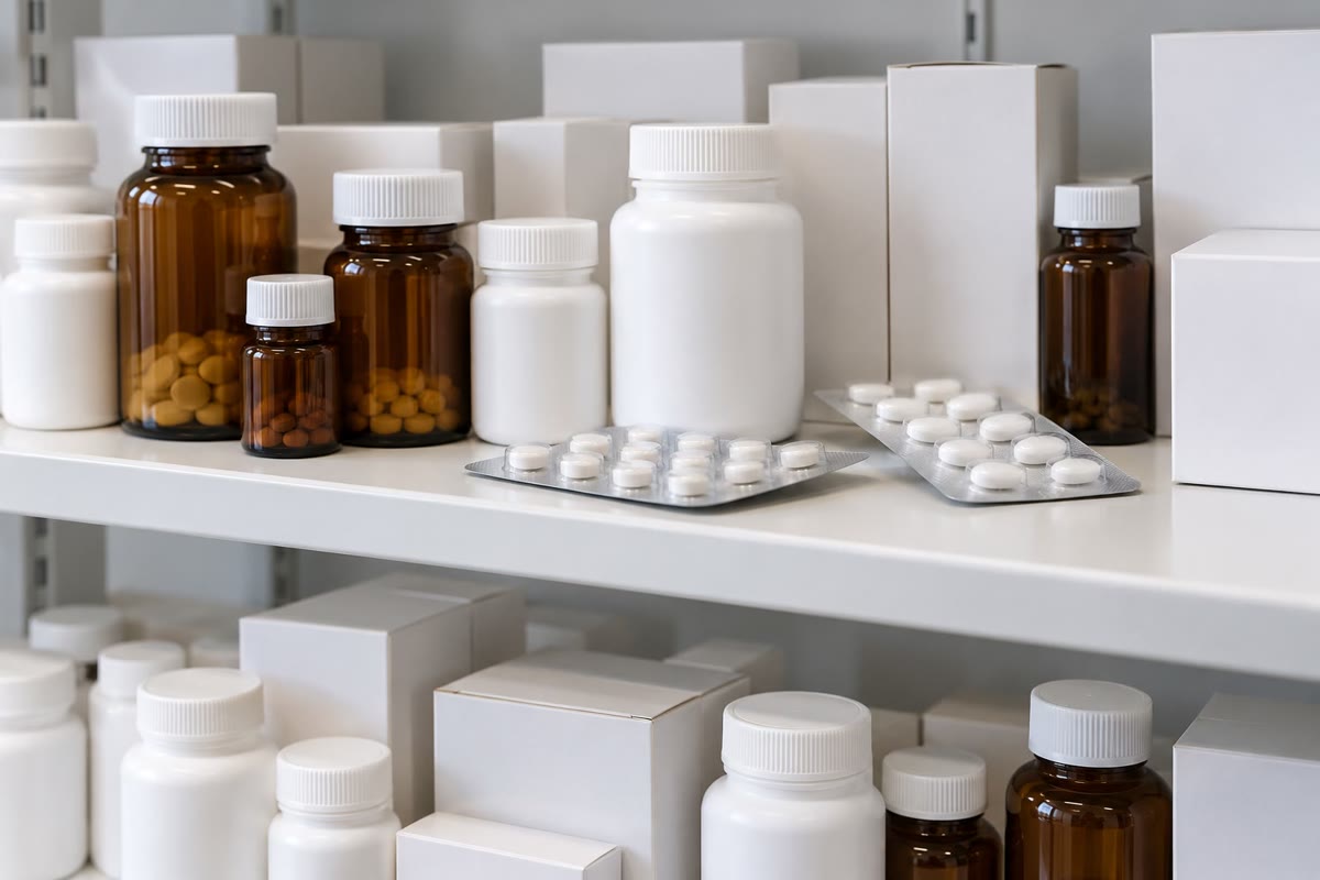Obat-obatan di rak apotek. Mengganti hidrogen dengan deuterium pada ikatan-ikatan yang pertama kali diserang hati dapat memperpanjang waktu obat tinggal di dalam tubuh.
