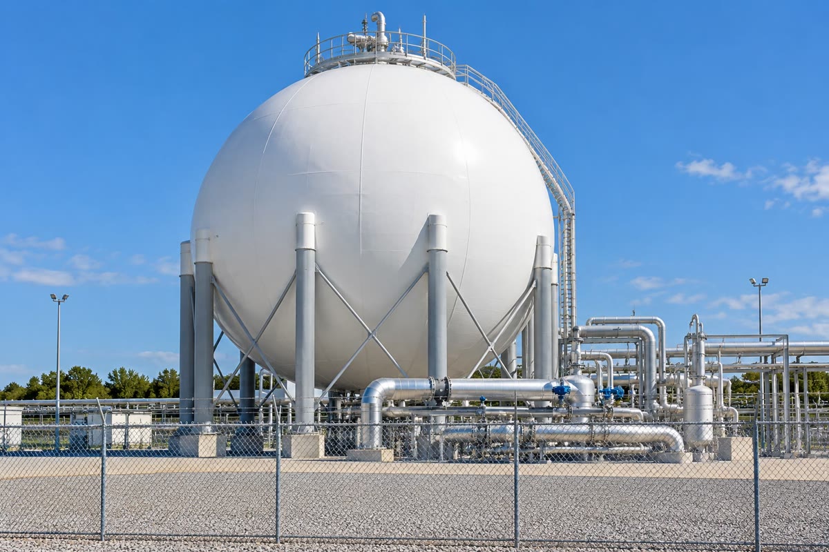 Un réservoir sphérique d’hydrogène liquide. À 20\, K, la chaleur produite à l’intérieur du liquide par la lente conversion d’une forme de spin nucléaire du dihydrogène en l’autre peut dépasser la chaleur qui pénètre de l’extérieur.