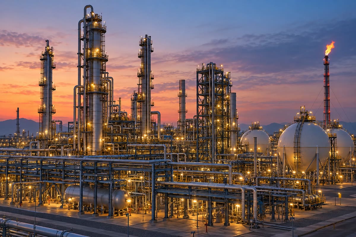 An ammonia synthesis plant. The reactor at its heart holds tonnes of promoted iron catalyst; most of the plant prepares the hydrogen and recycles the unconverted gas.