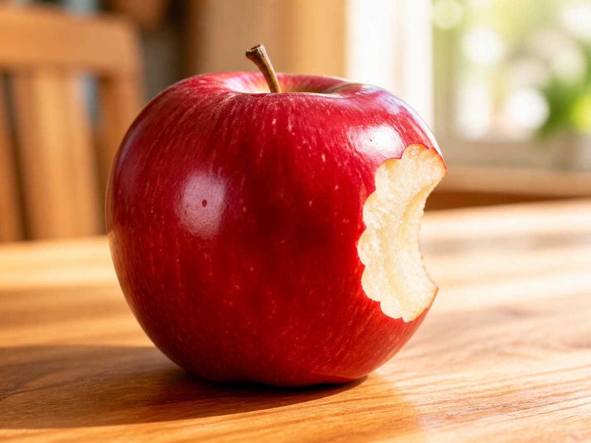 Una manzana para los cinco sentidos: los ojos ven su rojo, la mano nota su piel lisa, los oídos oyeron el crujido del mordisco que falta, la nariz huele su perfume, la lengua conserva el sabor.