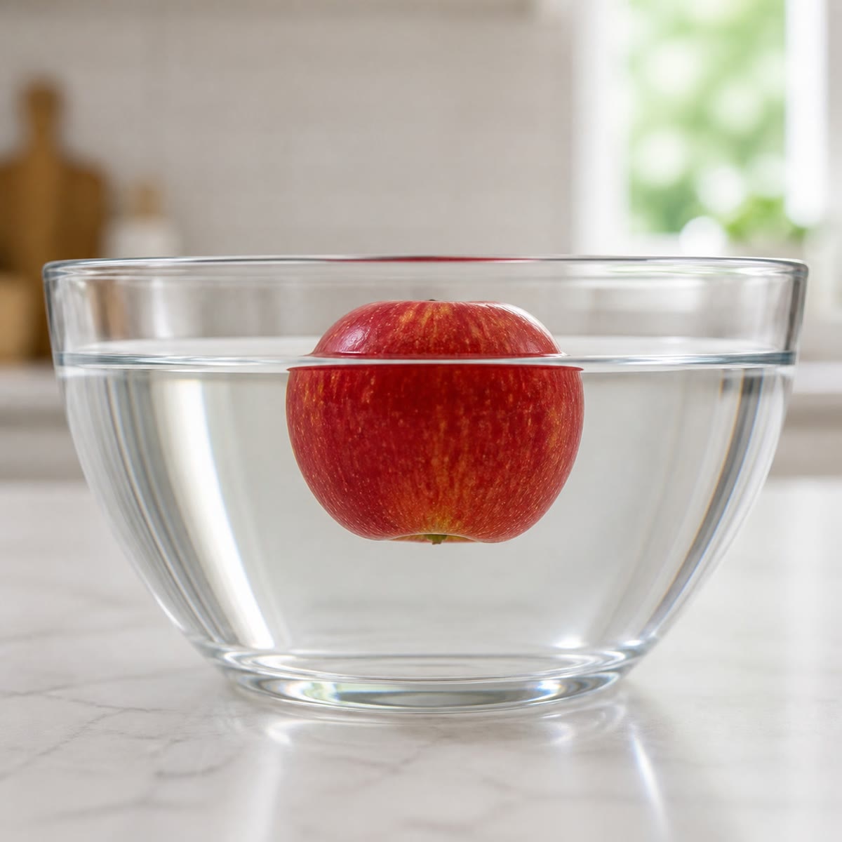 An apple floating in a bowl of water: it rides low, most of its body under the surface — yet it floats.