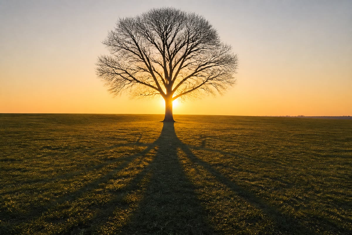 Um Sol baixo de fim de tarde, uma sombra comprida: quanto mais baixo o Sol está, mais longe se estica cada sombra.