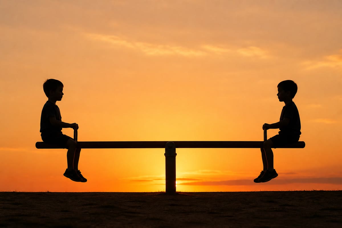 Um empate perfeito no parquinho: dois passageiros do mesmo tamanho, à mesma distância — e a gangorra fica na horizontal.