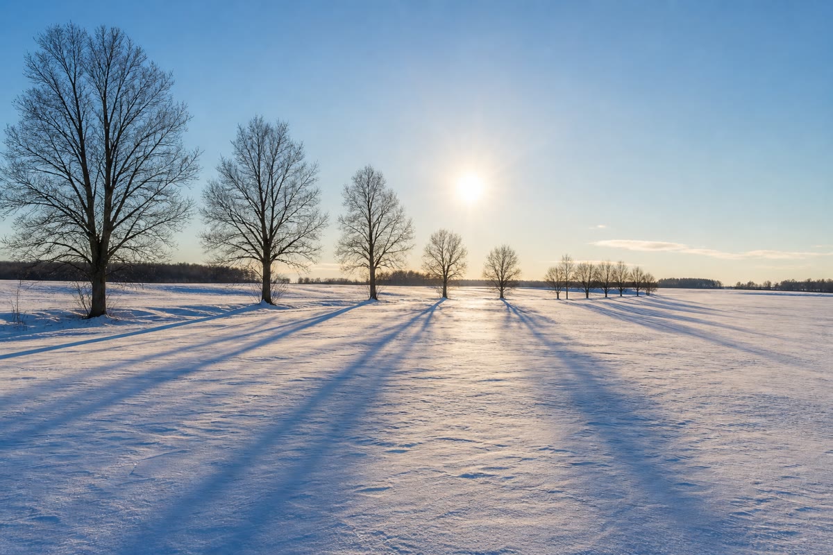 Um meio-dia de inverno: o Sol fica baixo, a luz chega inclinada e as sombras se esticam pela neve.