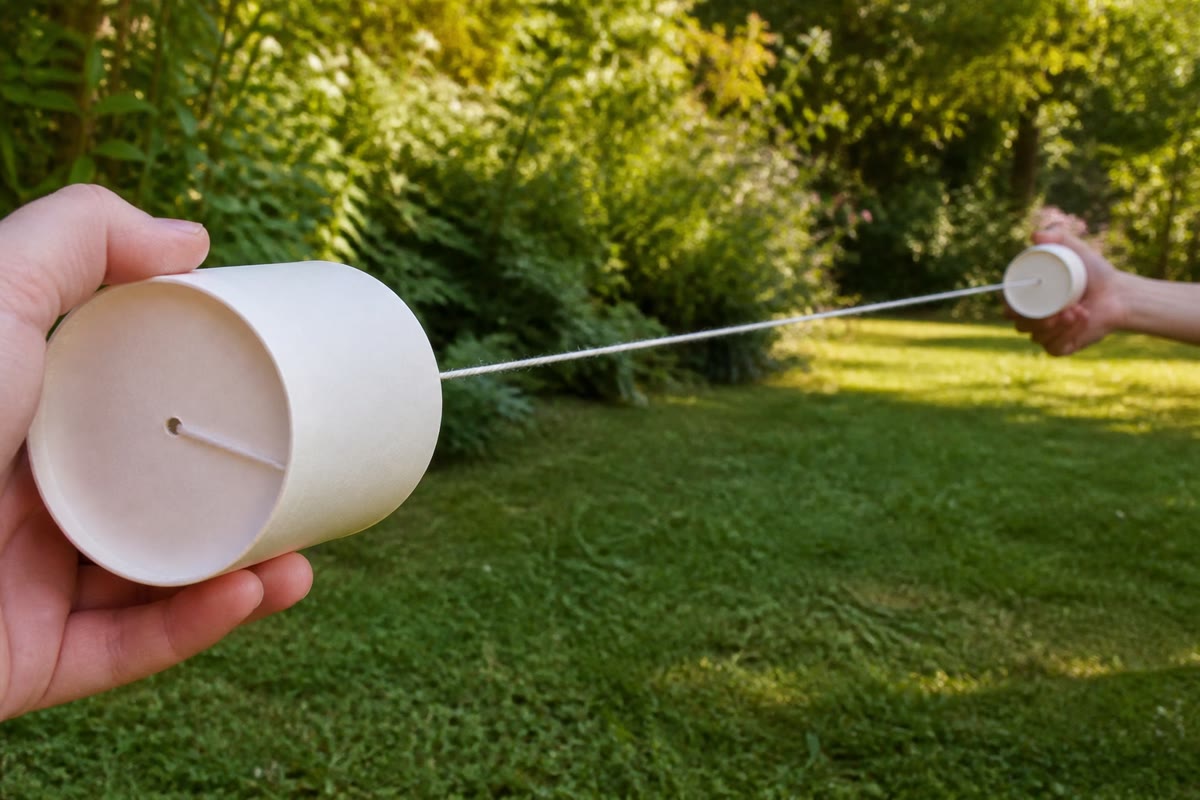 Le téléphone à ficelle, tendu comme il faut : une ficelle bien tendue porte le tremblement d’un gobelet à l’autre bien mieux que l’air entre deux chuchoteurs.