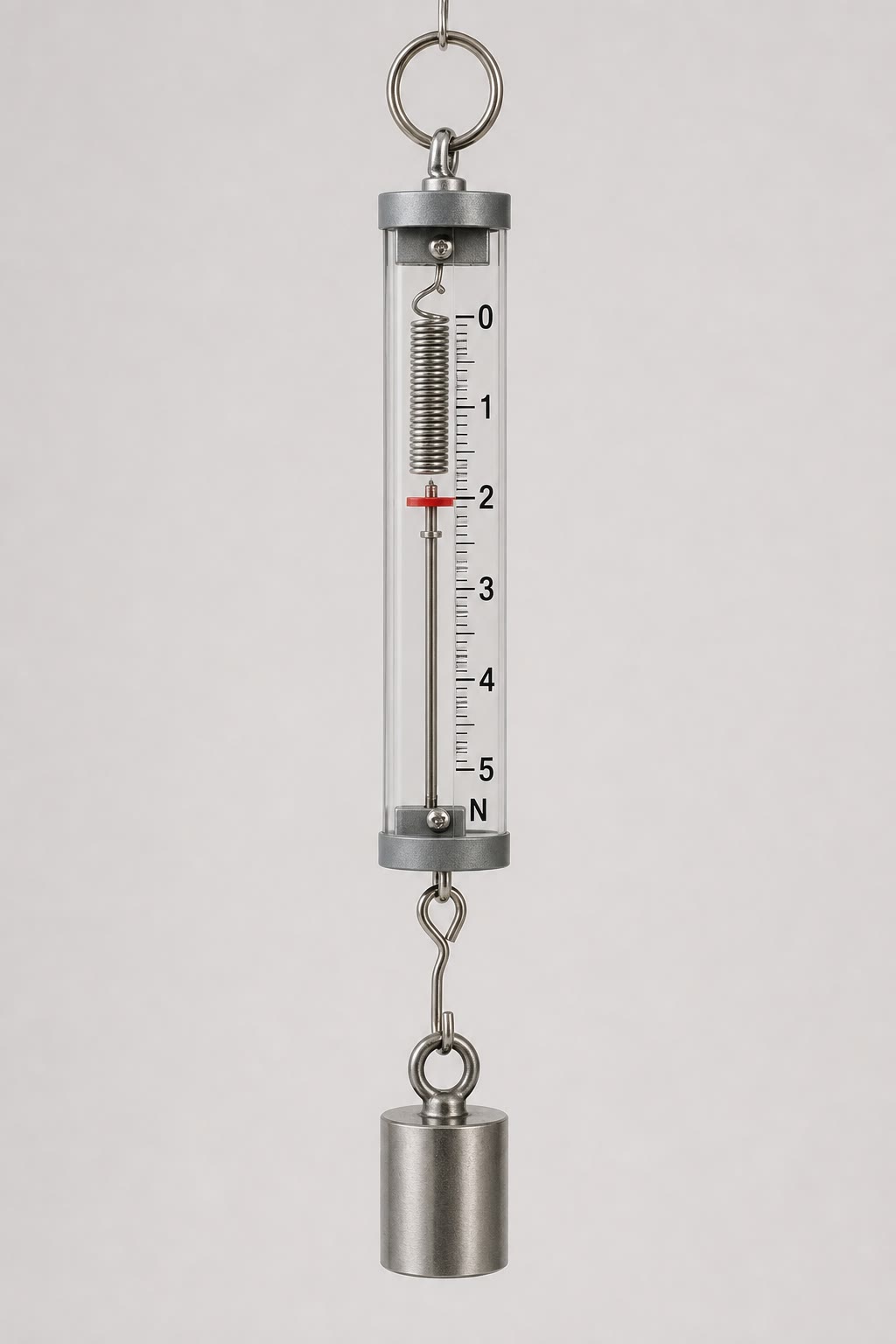A spring scale at work: the load’s weight stretches the spring, and the pointer turns that stretch into a reading.