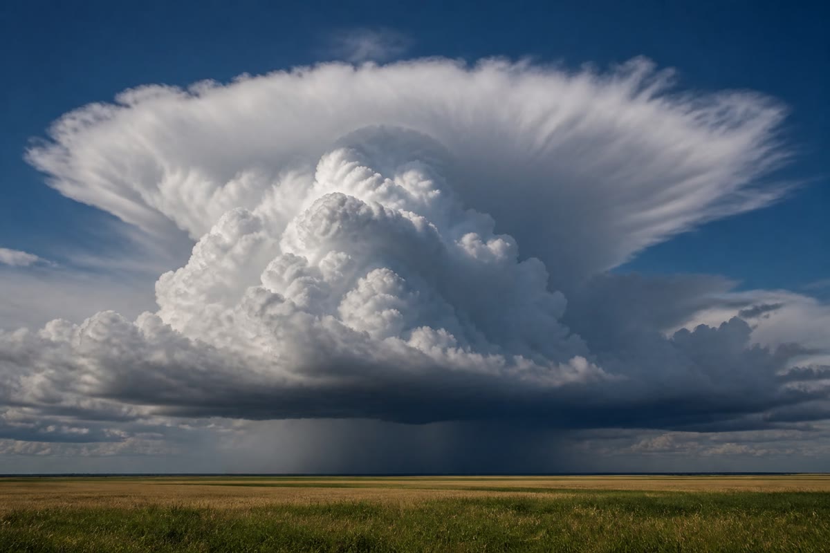 Uma nuvem de tempestade se erguendo sobre os campos: o tempo é a atmosfera em movimento.