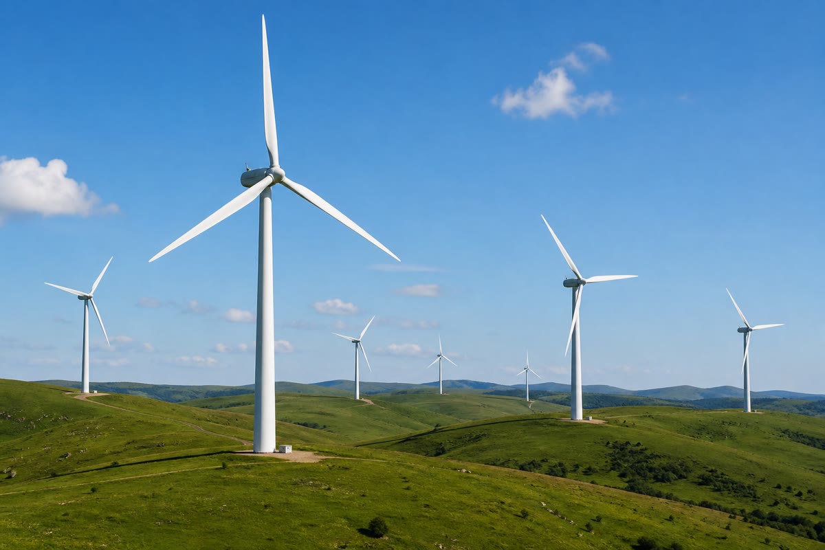 Rantai energi yang dapat kamu lihat dari jalan: udara yang bergerak memutar bilahnya, dan turbinnya mengirim energi listrik ke dalam kawat.
