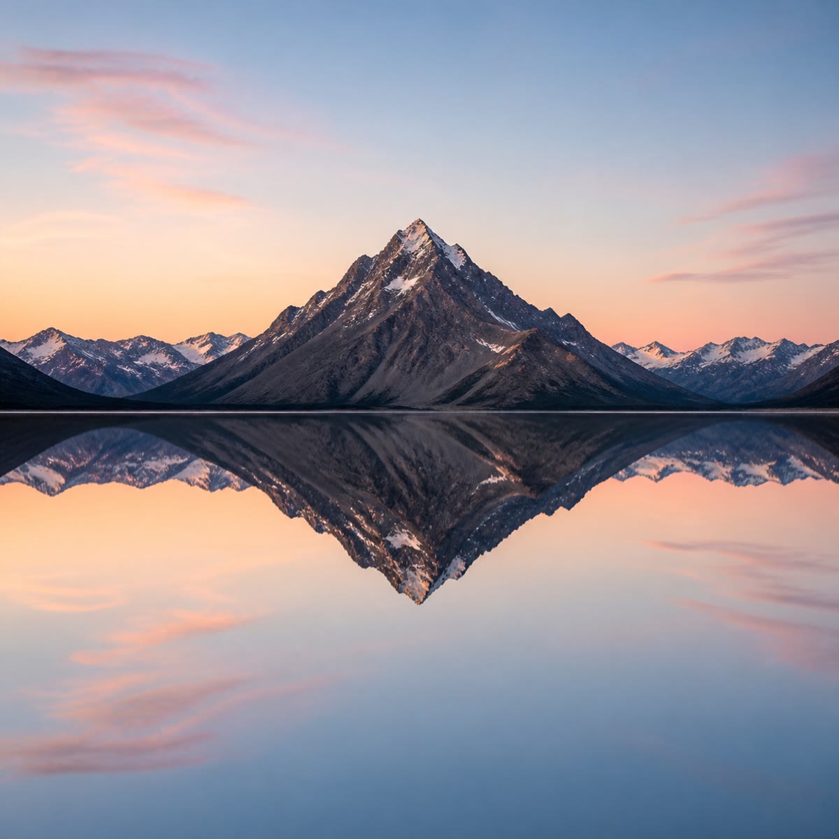 A still lake is a mirror lying down: every ray bounces by the same rule, and the mountain appears again, upside down and exact.