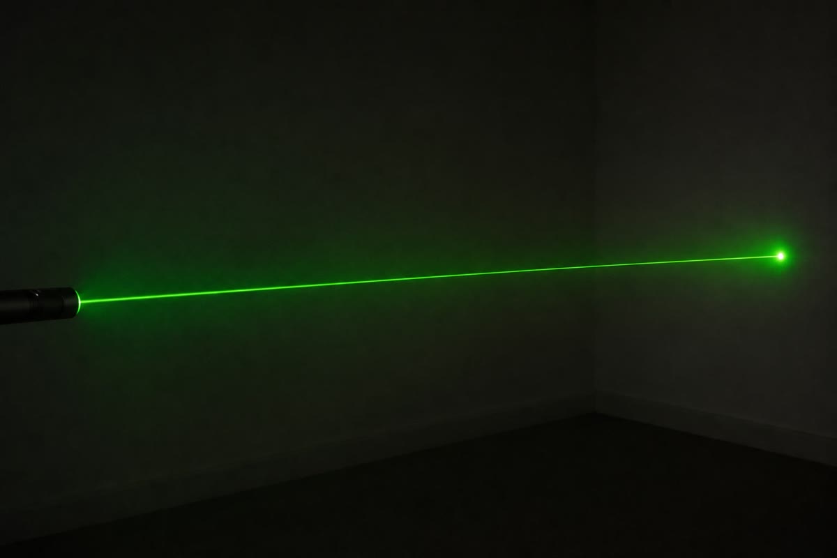 A laser beam made visible by fog: one perfectly straight line from source to wall.