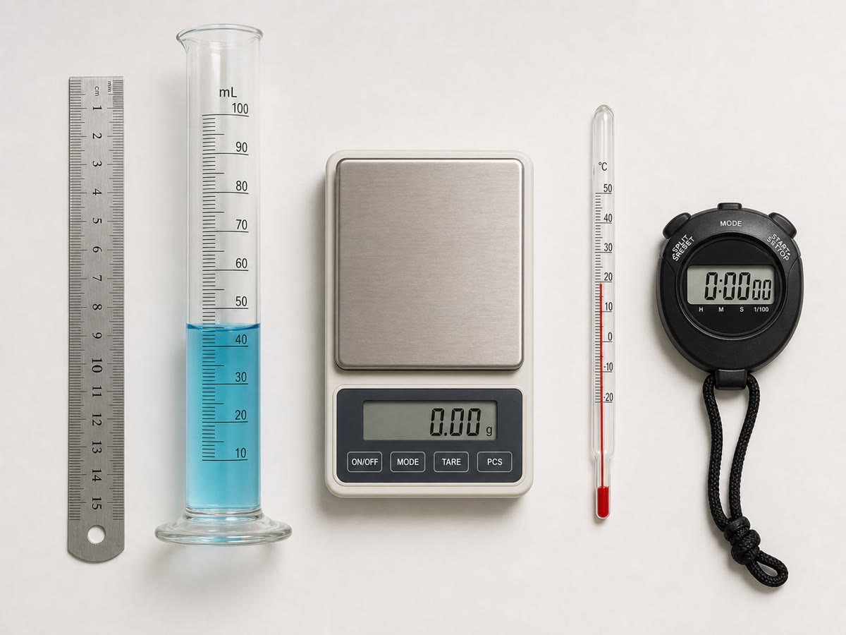 The measurer’s toolkit: length, volume, mass, temperature and time, each with its own instrument and its own unit.