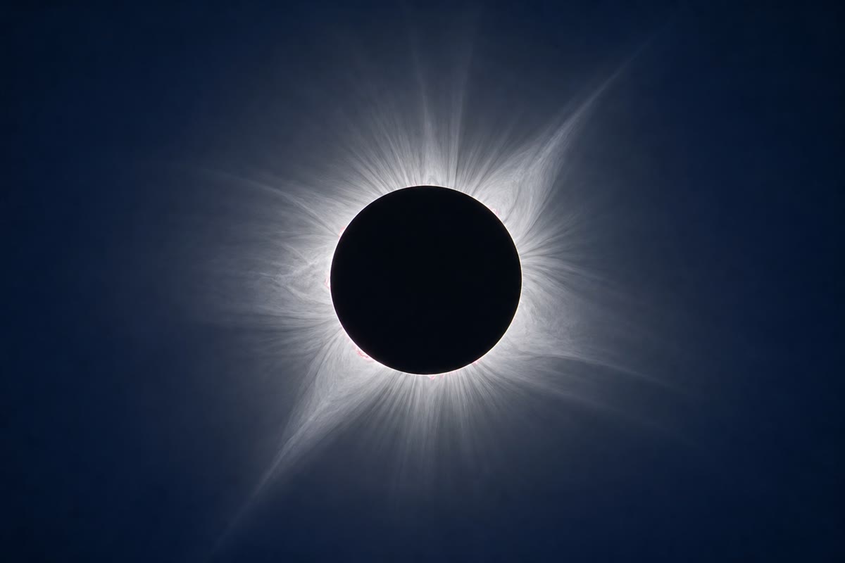 Totality: the Moon’s disc exactly covers the Sun’s, and for a few minutes the corona — the Sun’s outer atmosphere — hangs visible around the black disc.