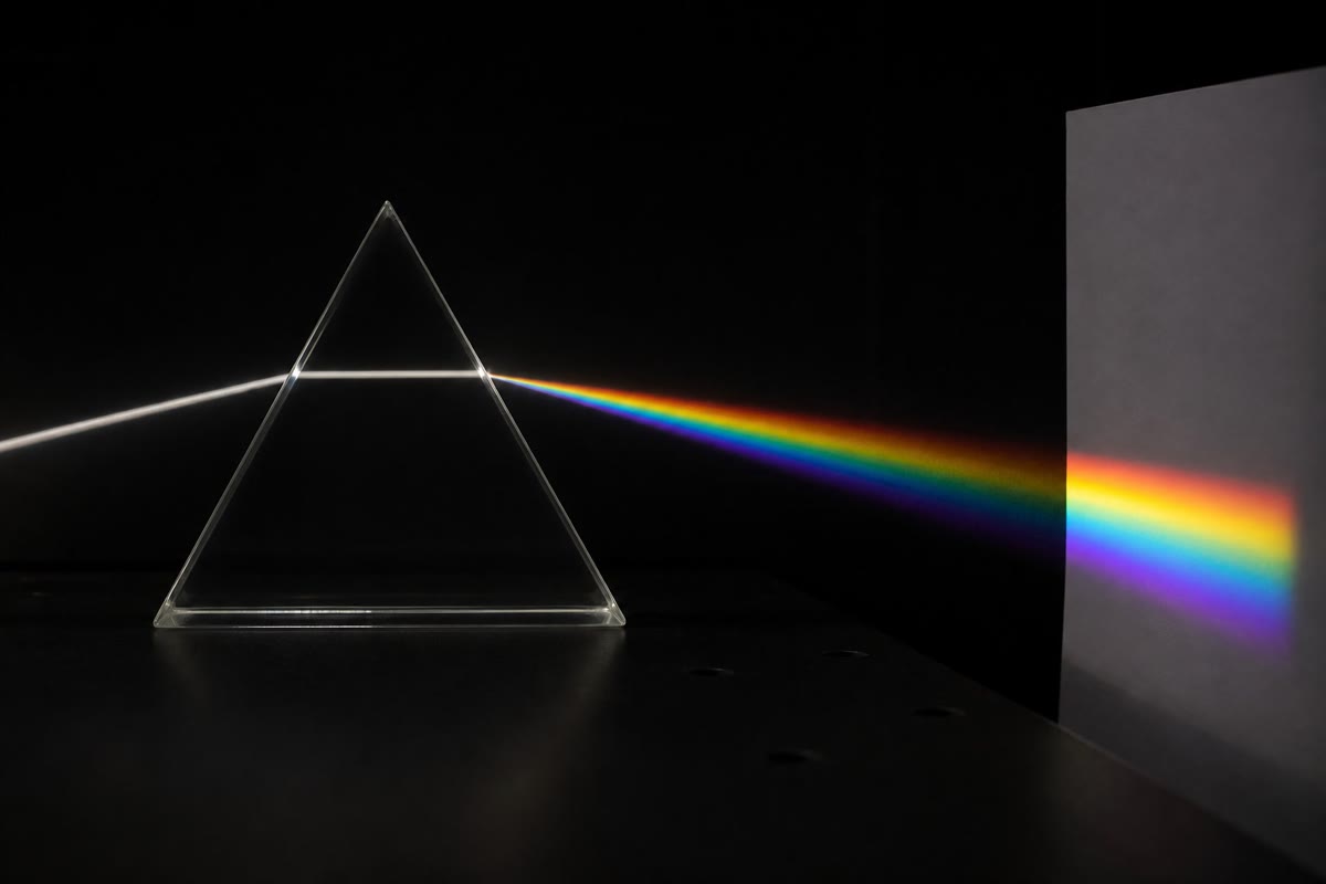 A luz branca desfeita por um prisma: as cores que ela sempre conteve se abrem em leque, o vermelho menos entortado, o violeta mais.
