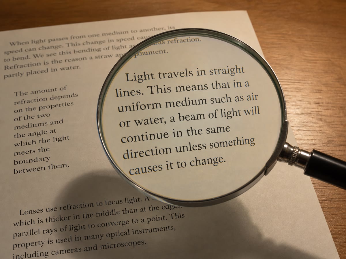 Het vergrootglas aan het werk: dichter bij het papier gehouden dan zijn brandpuntsafstand toont de lens de tekst rechtop en vergroot.