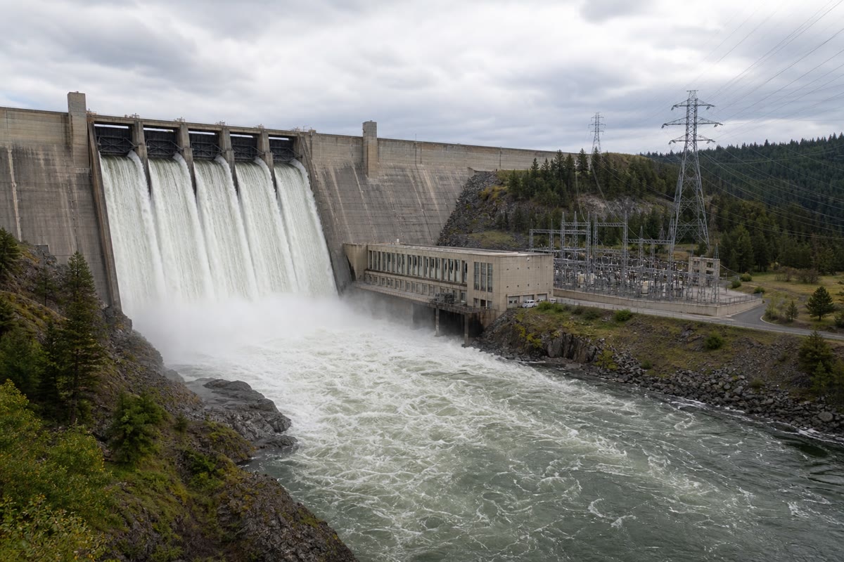 A hydroelectric plant: lifted water rushes down, spins the turbines, and the alternators send the energy away along the wires.