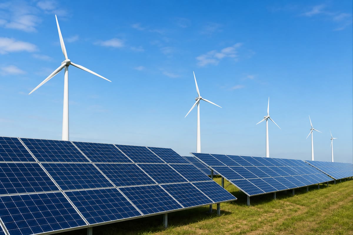 Two converters in one field: sunlight to electrical energy in the panels, moving air to electrical energy in the turbines.