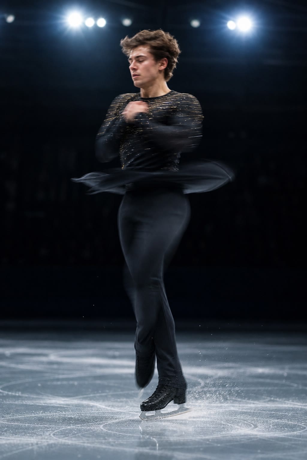 Con los brazos recogidos, la patinadora gira más deprisa: sin par exterior respecto del eje vertical, el momento angular se conserva y un momento de inercia menor significa una velocidad angular mayor.