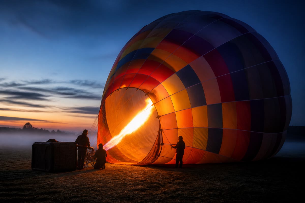 Inflating a hot-air balloon: heated air is less dense than the cold air around it, and Archimedes’ thrust on the envelope exceeds its weight.