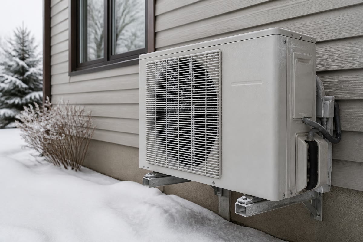 Een lucht/water-warmtepomp in de winter: zij haalt warmte uit koude buitenlucht en levert het huis drie tot vier keer de elektrische energie die zij verbruikt — de weekendopgave.