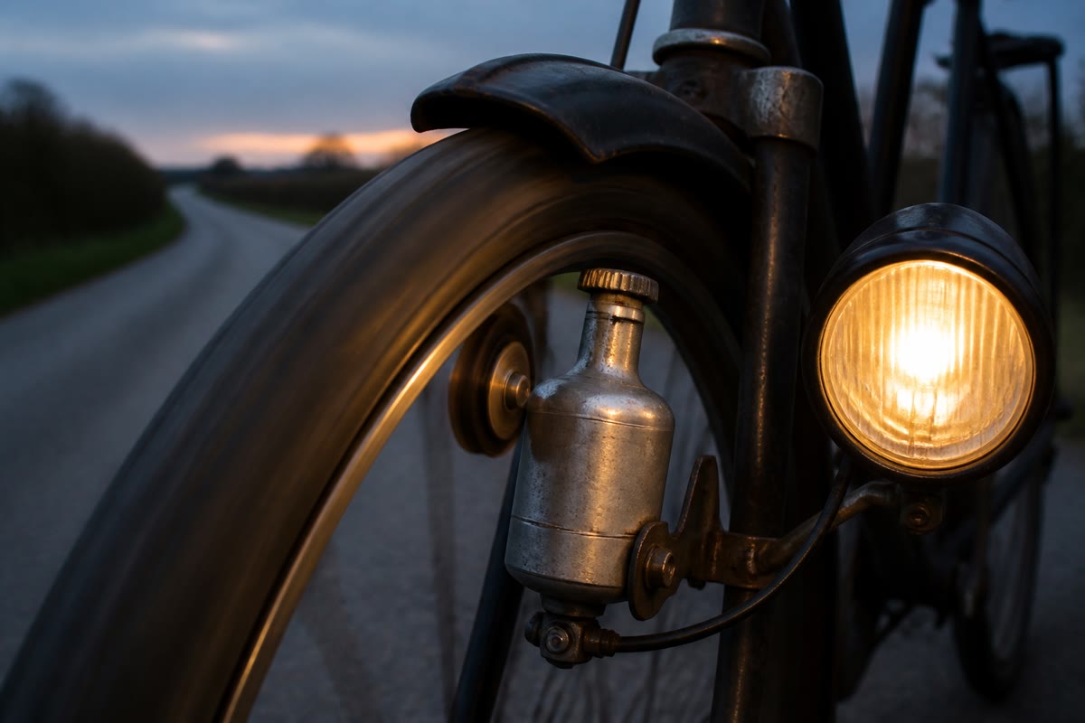 A bottle dynamo: the wheel turns a magnet inside a coil, the flux through the coil changes, and the lamp lights — Faraday’s law on a bicycle.