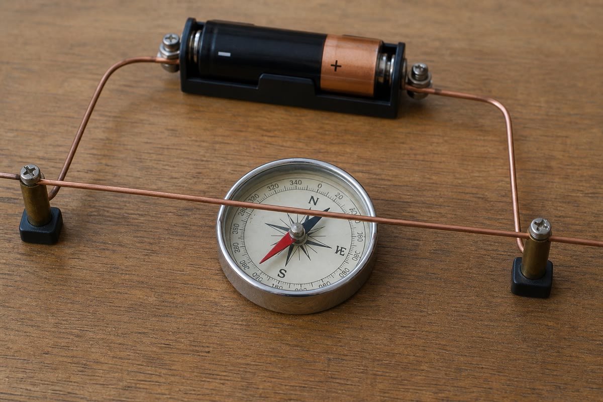 A experiência de Ørsted: feche o circuito e a agulha gira — uma corrente cria um campo magnético que circula o fio.